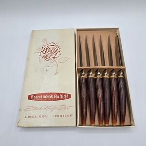 Vtg REGENT SHEFFIELD Set of 6 Steak Knives England Stainless Blades Faux Antler